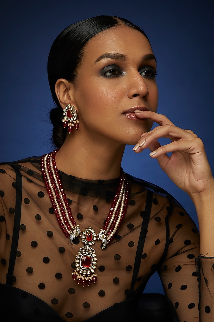 Two Tone Finish Kundan Polki & Red Stone Long Necklace Set by VASTRAA Jewellery at Pernia's Pop Up Shop