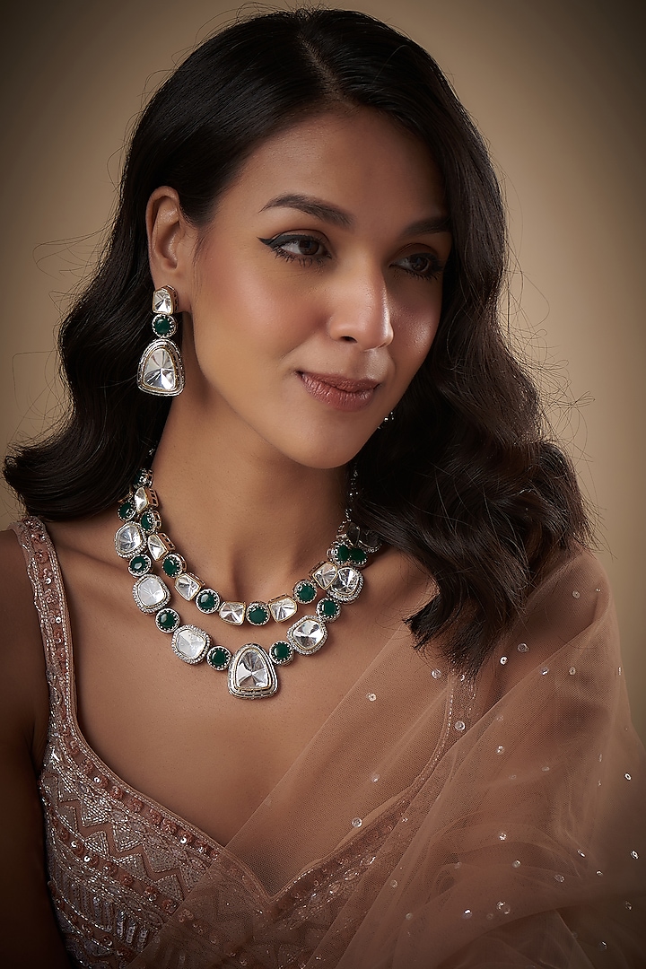 Two Tone Finish Kundan Polki & Green Stone Layered Necklace Set by VASTRAA Jewellery