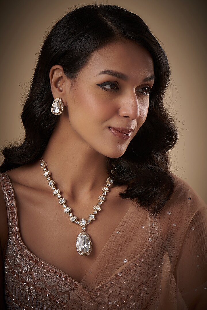 Gold Finish Kundan Polki Long Necklace Set by VASTRAA Jewellery at Pernia's Pop Up Shop