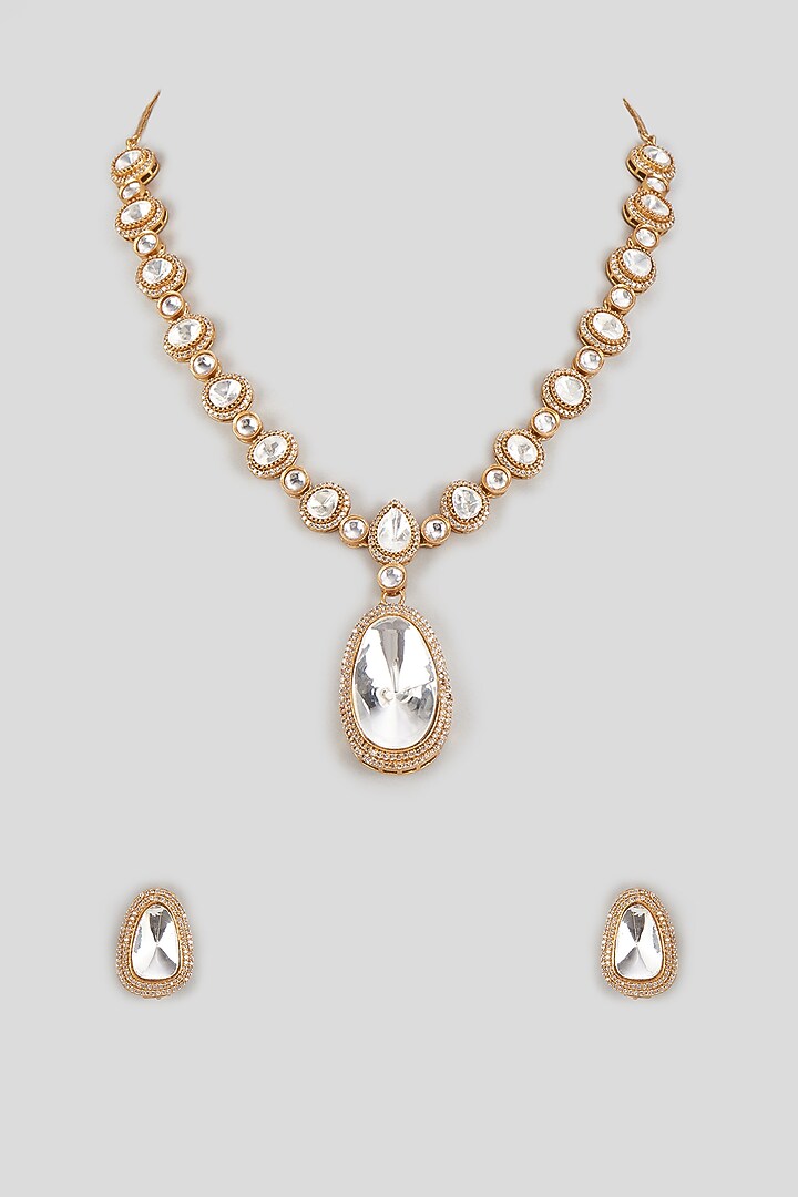 Gold Finish Kundan Polki Long Necklace Set by VASTRAA Jewellery at Pernia's Pop Up Shop