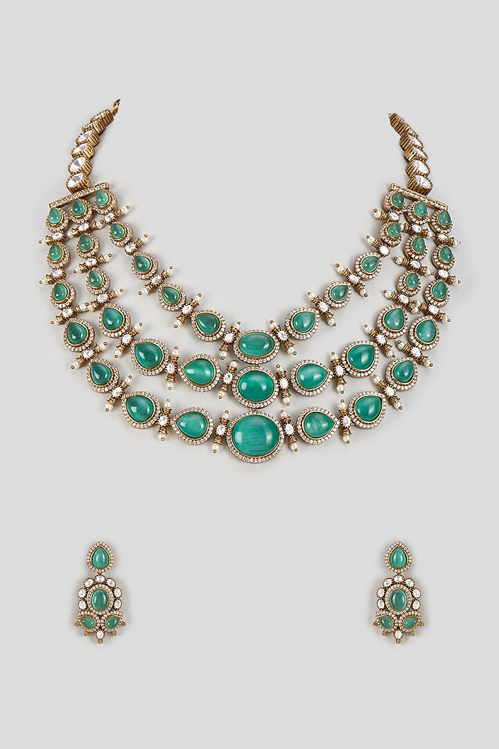 Gold Finish Kundan Polki & Aqua Stone Layered Necklace Set by VASTRAA Jewellery at Pernia's Pop Up Shop