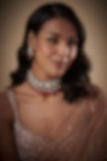 Gold Finish Kundan Polki & Red Stone Choker Necklace Set by VASTRAA Jewellery at Pernia's Pop Up Shop