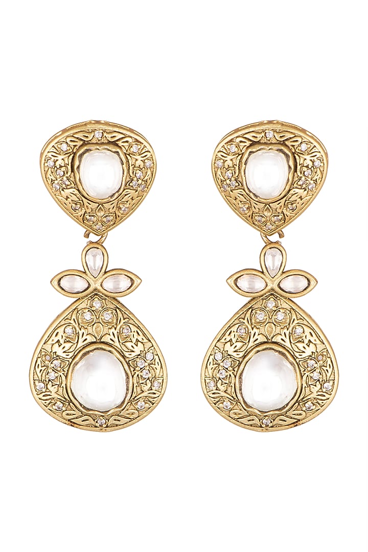 Gold Finish Kundan Polki Engraved Earrings by VASTRAA Jewellery at Pernia's Pop Up Shop