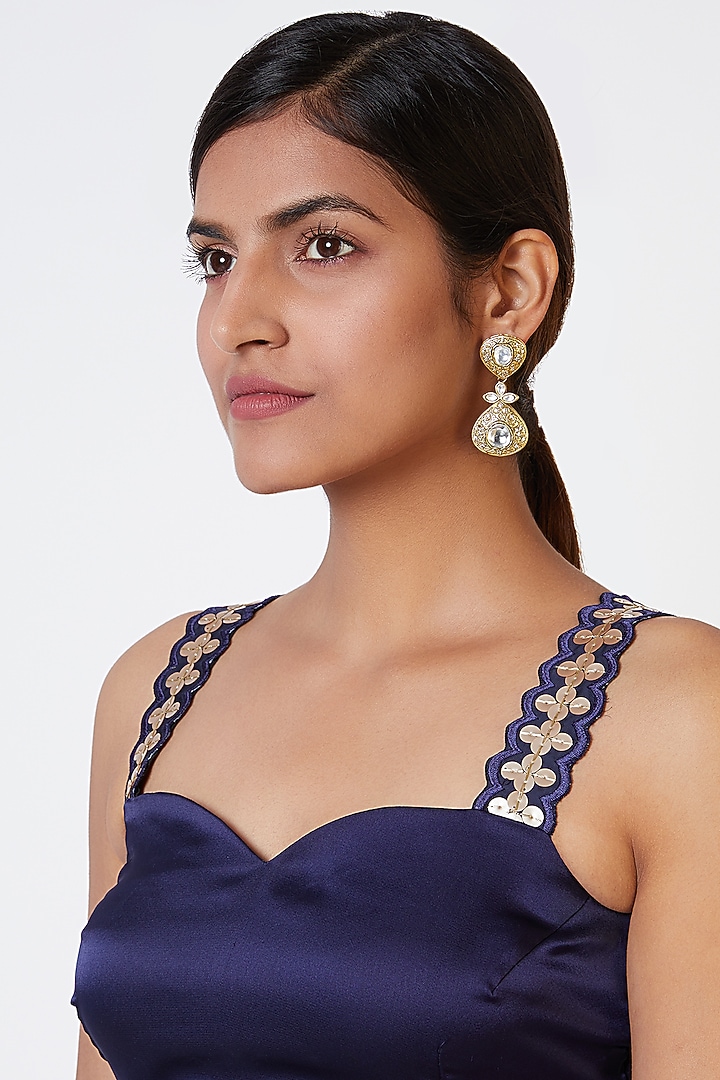 Gold Finish Kundan Polki Engraved Earrings by VASTRAA Jewellery at Pernia's Pop Up Shop
