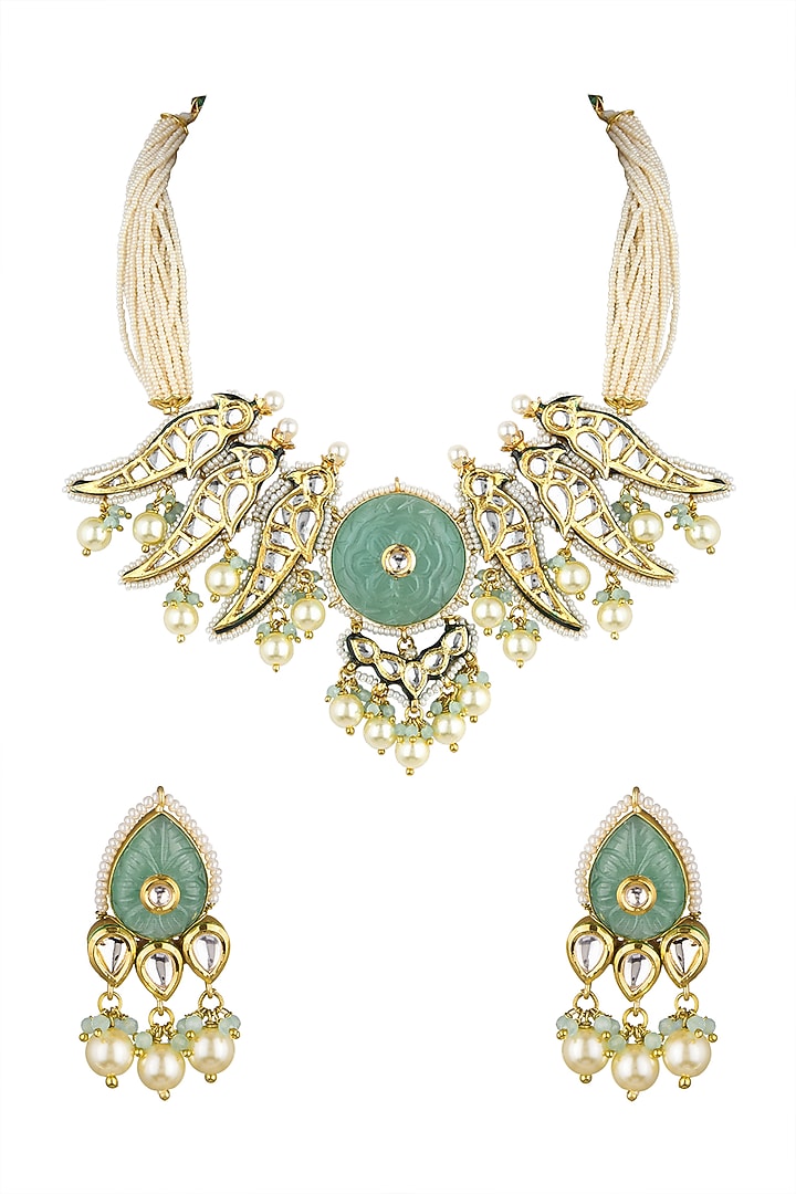 Gold Finish Kundan Polki & Pearl Necklace Set by VASTRAA Jewellery at Pernia's Pop Up Shop