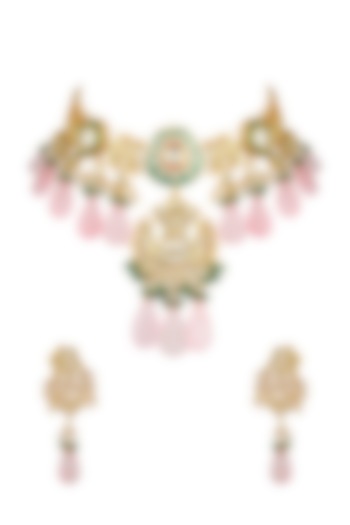 Gold Finish Kundan Polki & Pearl Meenakari Necklace Set by VASTRAA Jewellery