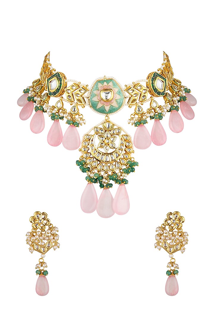 Gold Finish Kundan Polki & Pearl Meenakari Necklace Set by VASTRAA Jewellery
