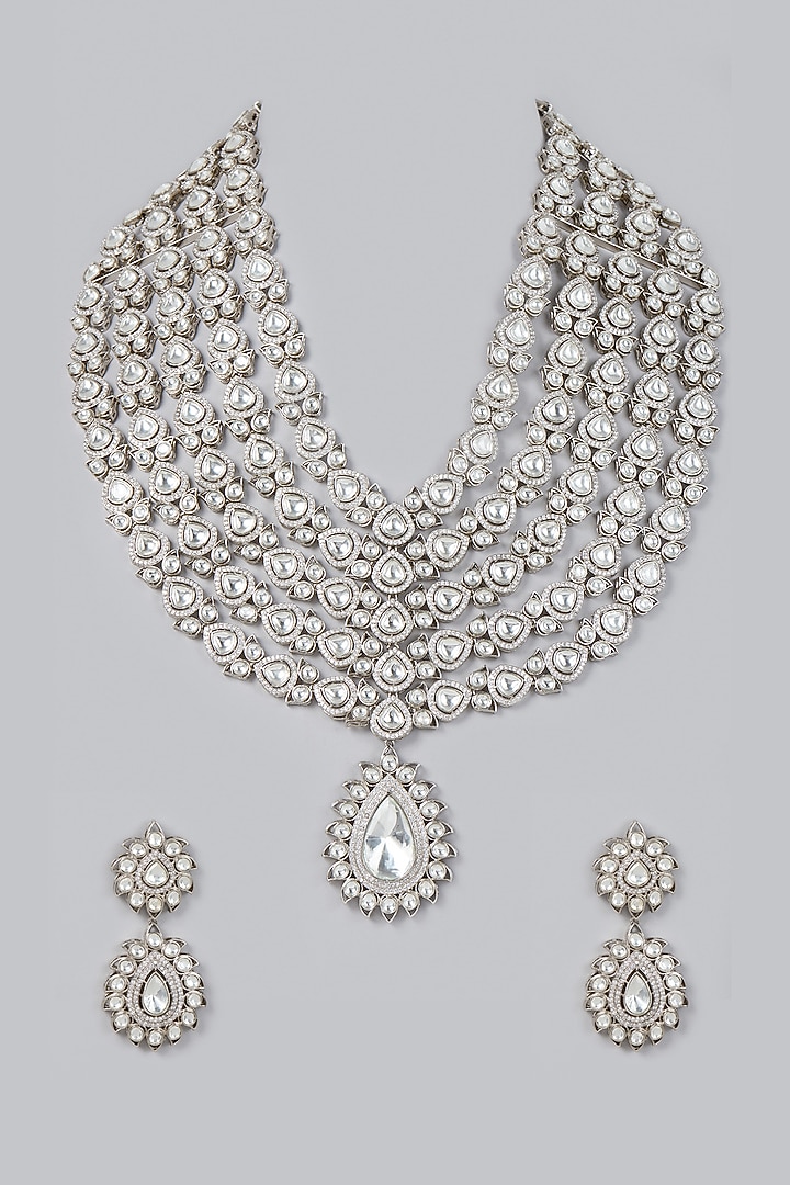 White Finish Kundan Polki & Zircon Layered Necklace Set by VASTRAA Jewellery at Pernia's Pop Up Shop