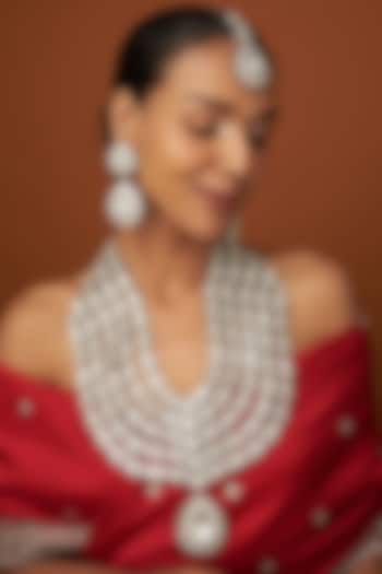 White Finish Kundan Polki & Zircon Layered Necklace Set by VASTRAA Jewellery