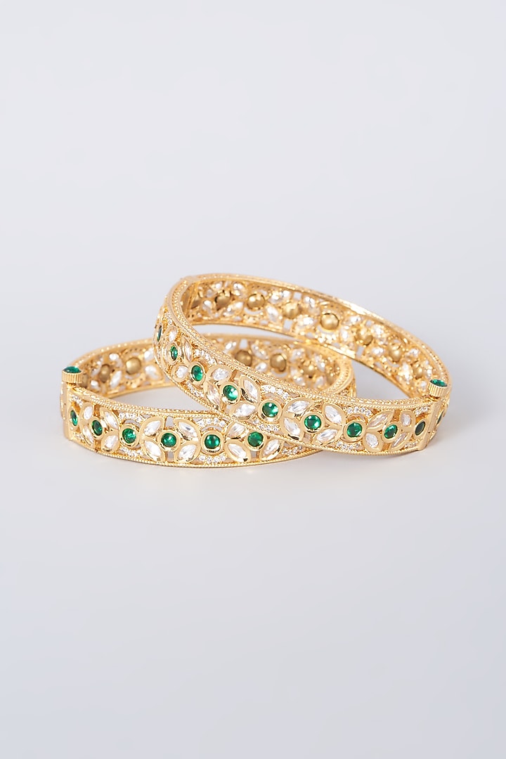 Gold Finish Green Stones Openable Bangles (Set of 2) by VASTRAA Jewellery at Pernia's Pop Up Shop