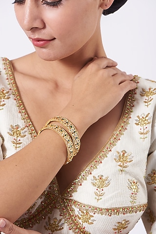 Gold Finish Green Stones Openable Bangles (Set of 2) by VASTRAA Jewellery