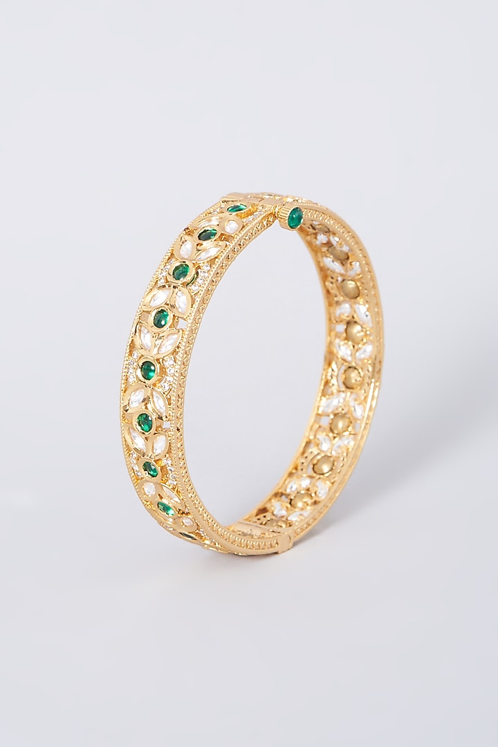 Gold Finish Green Stones Openable Bangles (Set of 2) by VASTRAA Jewellery at Pernia's Pop Up Shop
