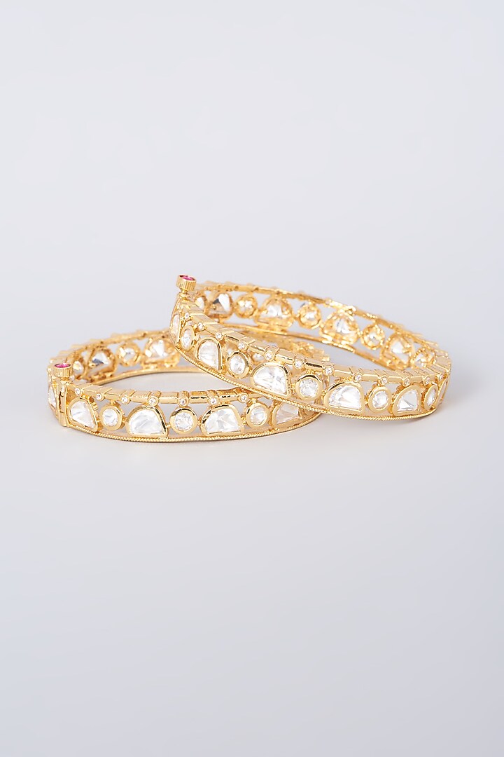 Gold Finish Kundan Polki Openable Bangles (Set of 2) by VASTRAA Jewellery at Pernia's Pop Up Shop