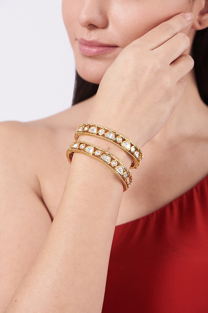 Gold Finish Kundan Polki Openable Bangles (Set of 2) by VASTRAA Jewellery at Pernia's Pop Up Shop