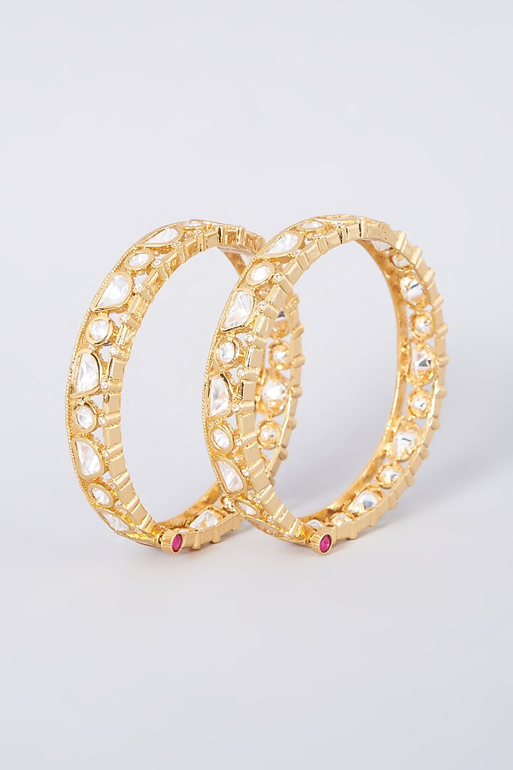 Gold Finish Kundan Polki Openable Bangles (Set of 2) by VASTRAA Jewellery at Pernia's Pop Up Shop