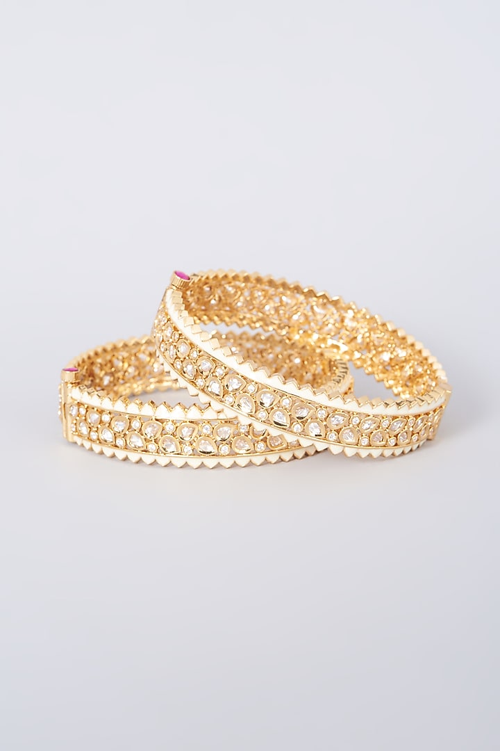 Gold Finish Kundan Polki Enamelled Openable Bangles (Set of 2) by VASTRAA Jewellery at Pernia's Pop Up Shop