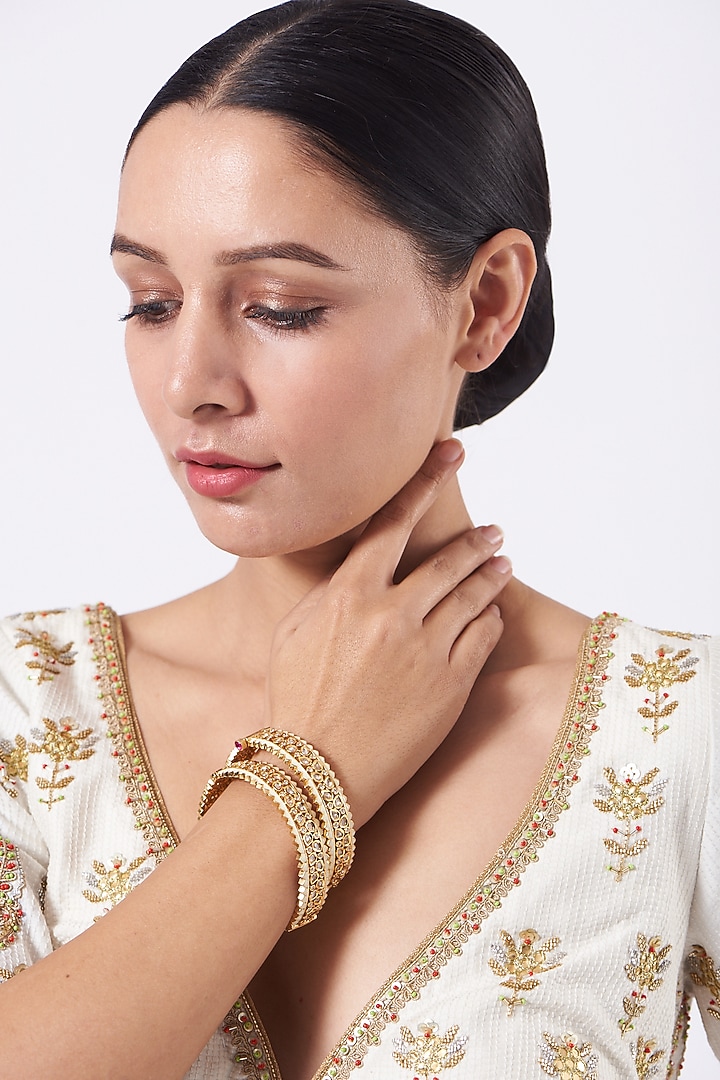 Gold Finish Kundan Polki Enamelled Openable Bangles (Set of 2) by VASTRAA Jewellery at Pernia's Pop Up Shop