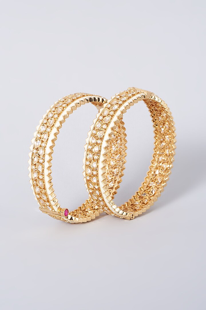 Gold Finish Kundan Polki Enamelled Openable Bangles (Set of 2) by VASTRAA Jewellery at Pernia's Pop Up Shop