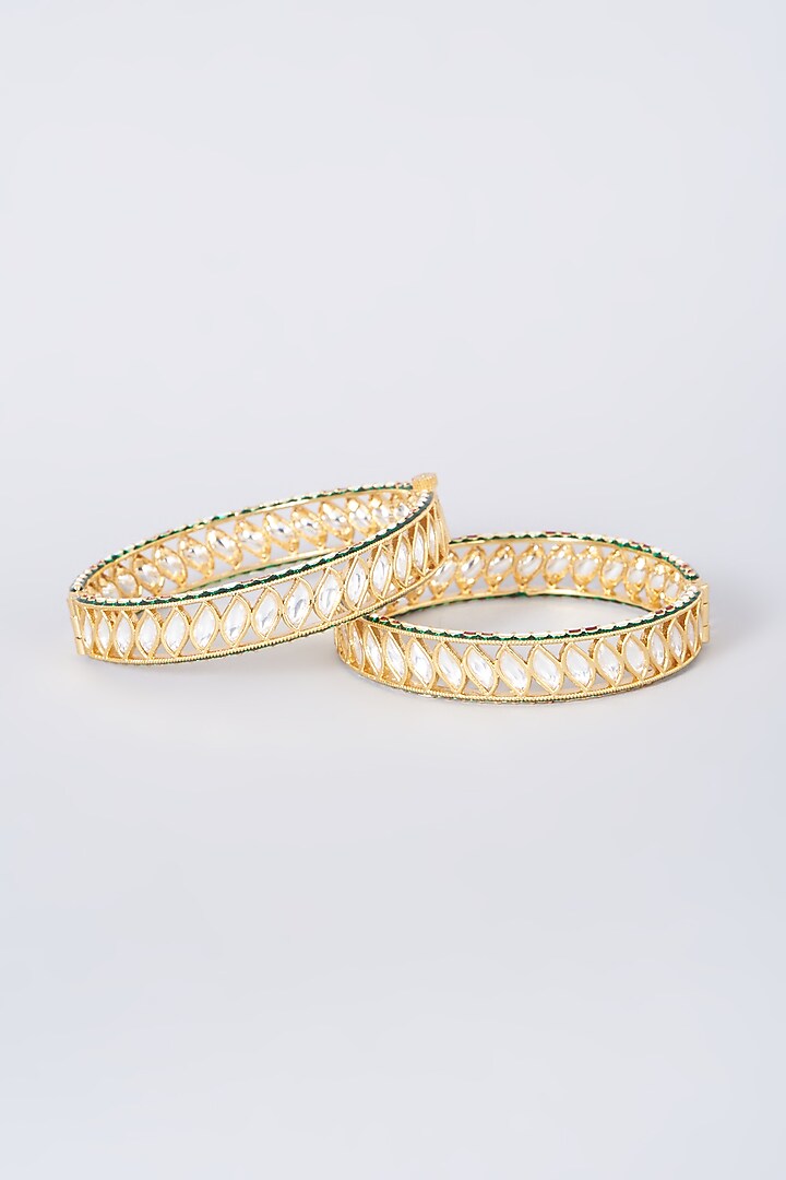 Gold Finish Kundan Polki & Green Stone Openable Bangles (Set of 2) by VASTRAA Jewellery at Pernia's Pop Up Shop