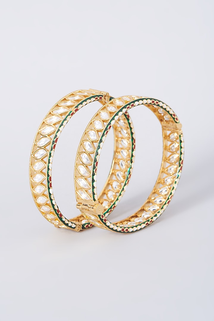 Gold Finish Kundan Polki & Green Stone Openable Bangles (Set of 2) by VASTRAA Jewellery at Pernia's Pop Up Shop