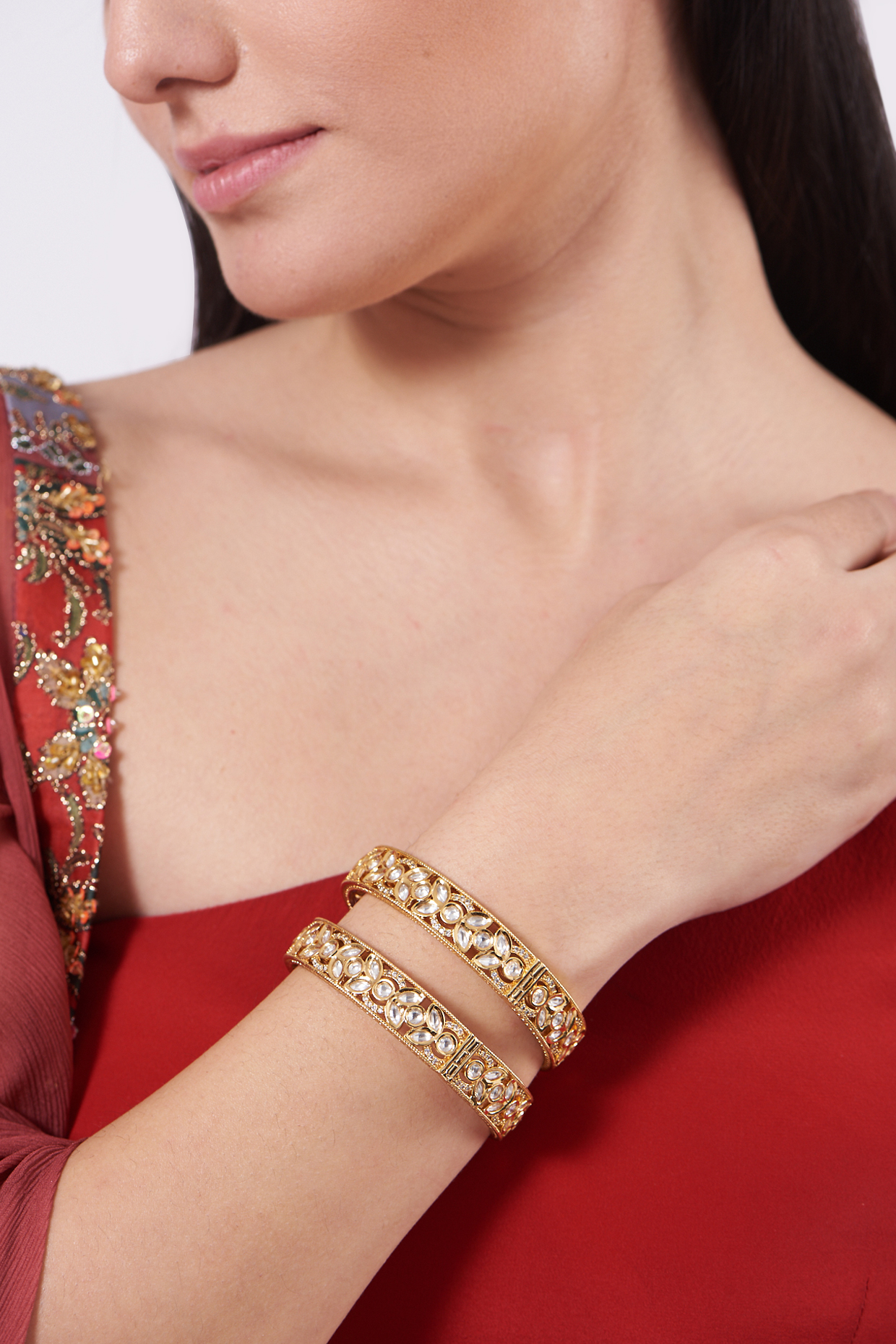 Gold Finish Kundan Polki Openable Bangles (Set of 2) by VASTRAA Jewellery at Pernia's Pop Up Shop