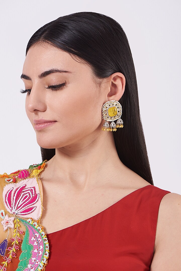 Gold Finish Kundan Polki & Yellow Synthetic Stone Earrings by VASTRAA Jewellery