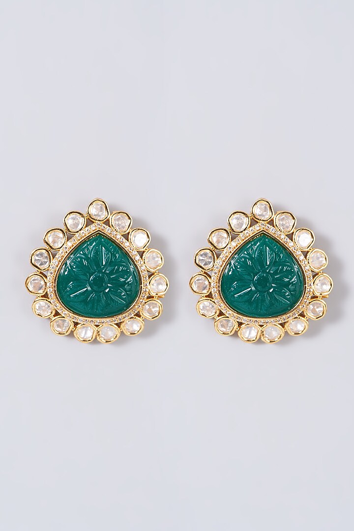 Gold Finish Kundan Polki & Green Synthetic Stones Earrings by VASTRAA Jewellery at Pernia's Pop Up Shop