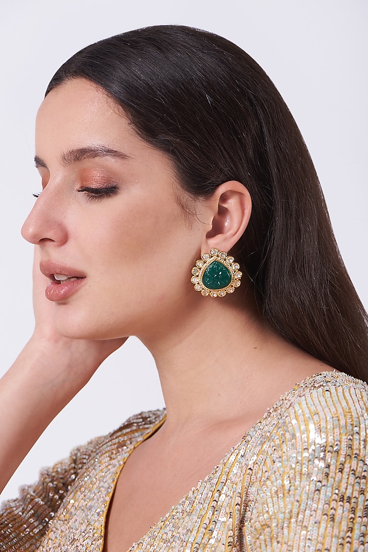 Gold Finish Kundan Polki & Green Synthetic Stones Earrings by VASTRAA Jewellery at Pernia's Pop Up Shop
