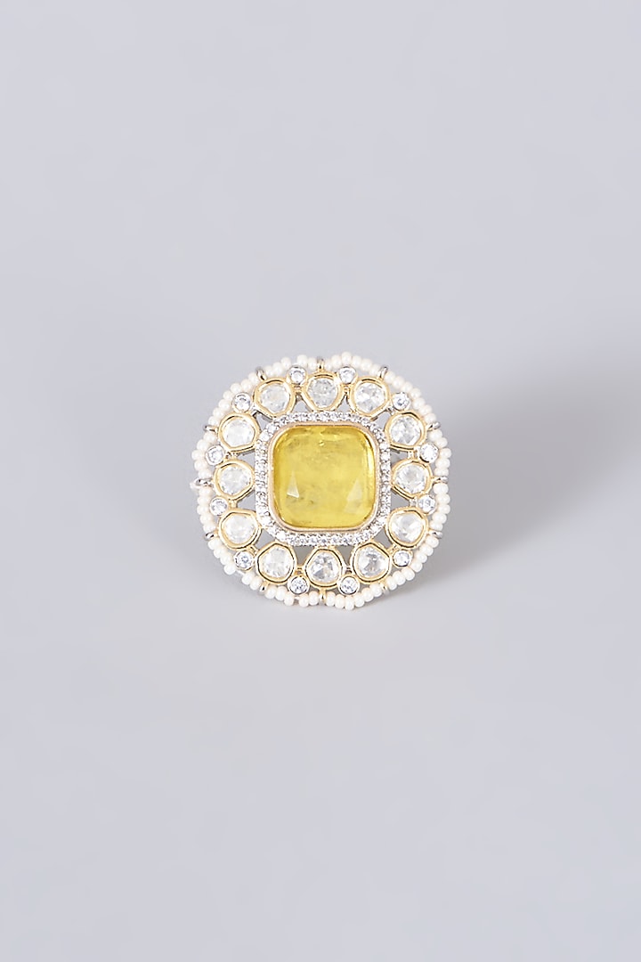 Gold Finish Kundan Polki & Yellow Synthetic Stone Ring by VASTRAA Jewellery at Pernia's Pop Up Shop