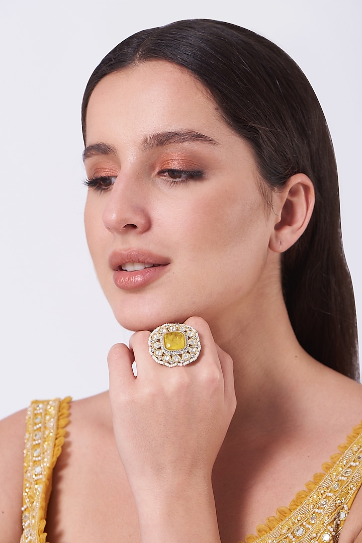 Gold Finish Kundan Polki & Yellow Synthetic Stone Ring by VASTRAA Jewellery at Pernia's Pop Up Shop