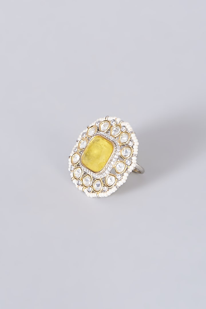 Gold Finish Kundan Polki & Yellow Synthetic Stone Ring by VASTRAA Jewellery at Pernia's Pop Up Shop