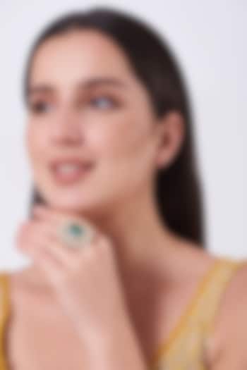 Gold Finish Kundan Polki Green Synthetic Stone Ring by VASTRAA Jewellery at Pernia's Pop Up Shop