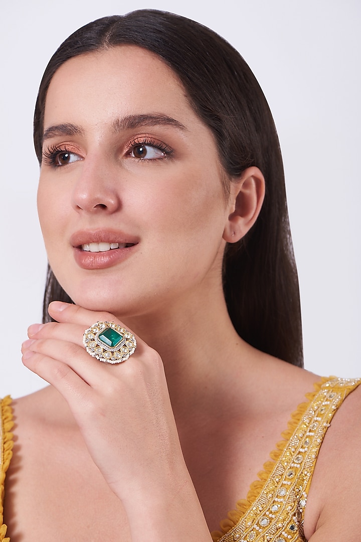 Gold Finish Kundan Polki Green Synthetic Stone Ring by VASTRAA Jewellery at Pernia's Pop Up Shop