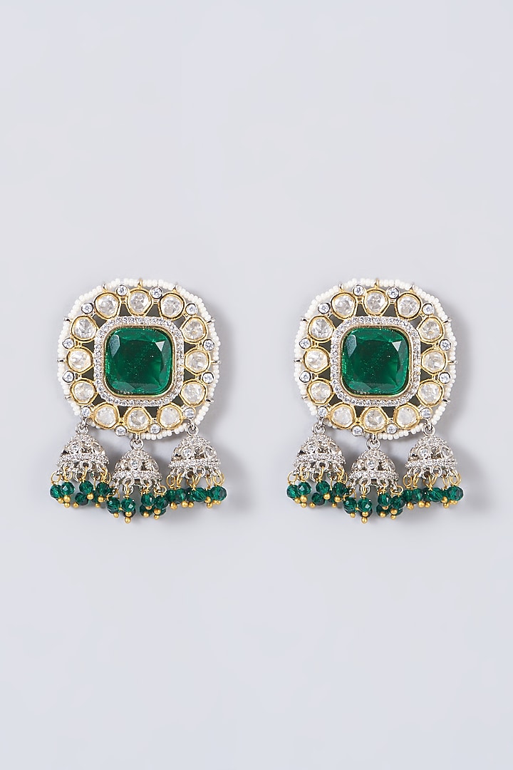 Gold Finish Kundan Polki & Green Synthetic Stone Earrings by VASTRAA Jewellery at Pernia's Pop Up Shop