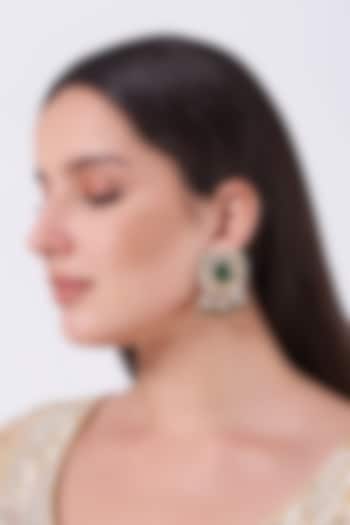 Gold Finish Kundan Polki & Green Synthetic Stone Earrings by VASTRAA Jewellery