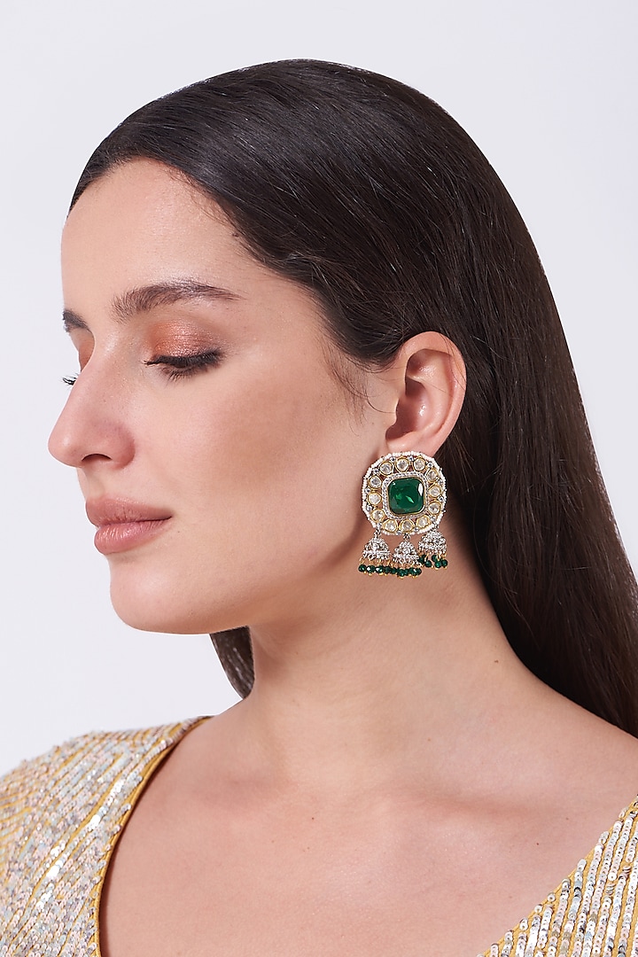 Gold Finish Kundan Polki & Green Synthetic Stone Earrings by VASTRAA Jewellery