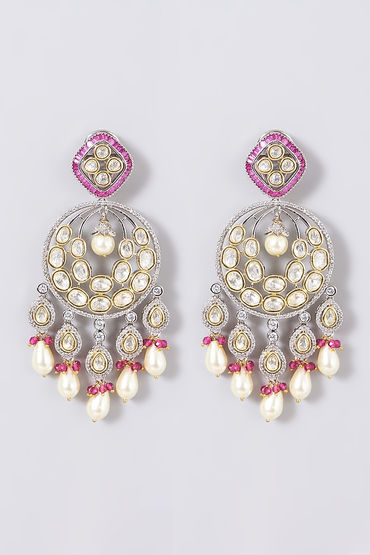 Two Tone Finish Kundan Polki & Red Beaded Dangler Earrings by VASTRAA Jewellery at Pernia's Pop Up Shop