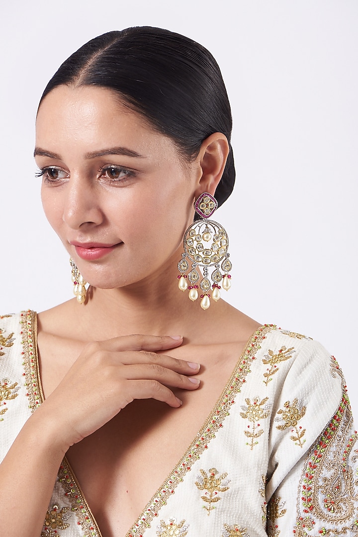 Two Tone Finish Kundan Polki & Red Beaded Dangler Earrings by VASTRAA Jewellery at Pernia's Pop Up Shop