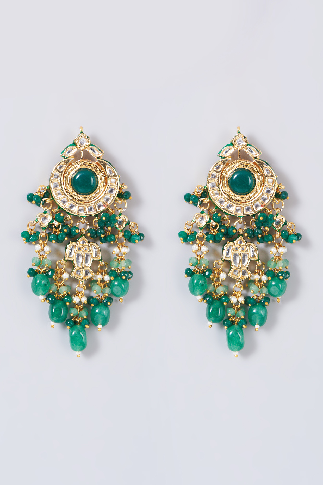 Gold Finish Green Beaded Dangler Earrings by VASTRAA Jewellery