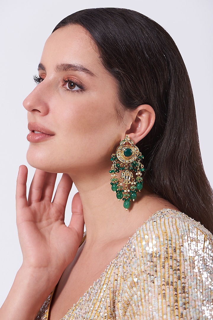 Gold Finish Kundan Polki & Green Beaded Dangler Earrings by VASTRAA Jewellery