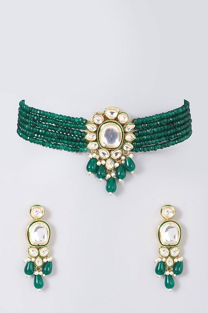 Gold Finish Kundan Polki & Green Beaded Choker Necklace Set by VASTRAA Jewellery at Pernia's Pop Up Shop
