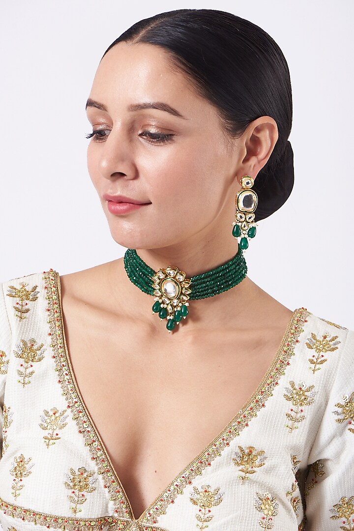 Gold Finish Kundan Polki & Green Beaded Choker Necklace Set by VASTRAA Jewellery at Pernia's Pop Up Shop