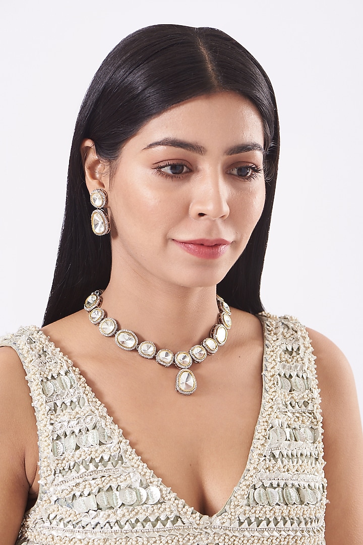 Two Tone Finish Kundan Polki Necklace Set by VASTRAA Jewellery at Pernia's Pop Up Shop