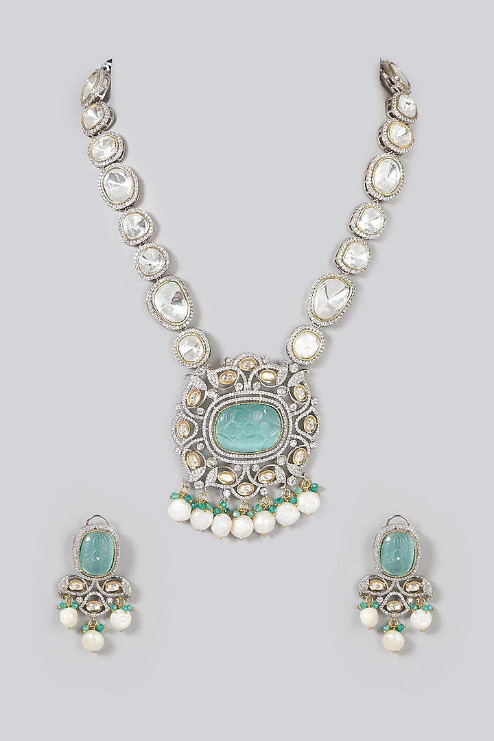 Two Tone Finish Turquoise Synthetic Stone & Pearl Long Necklace Set by VASTRAA Jewellery at Pernia's Pop Up Shop