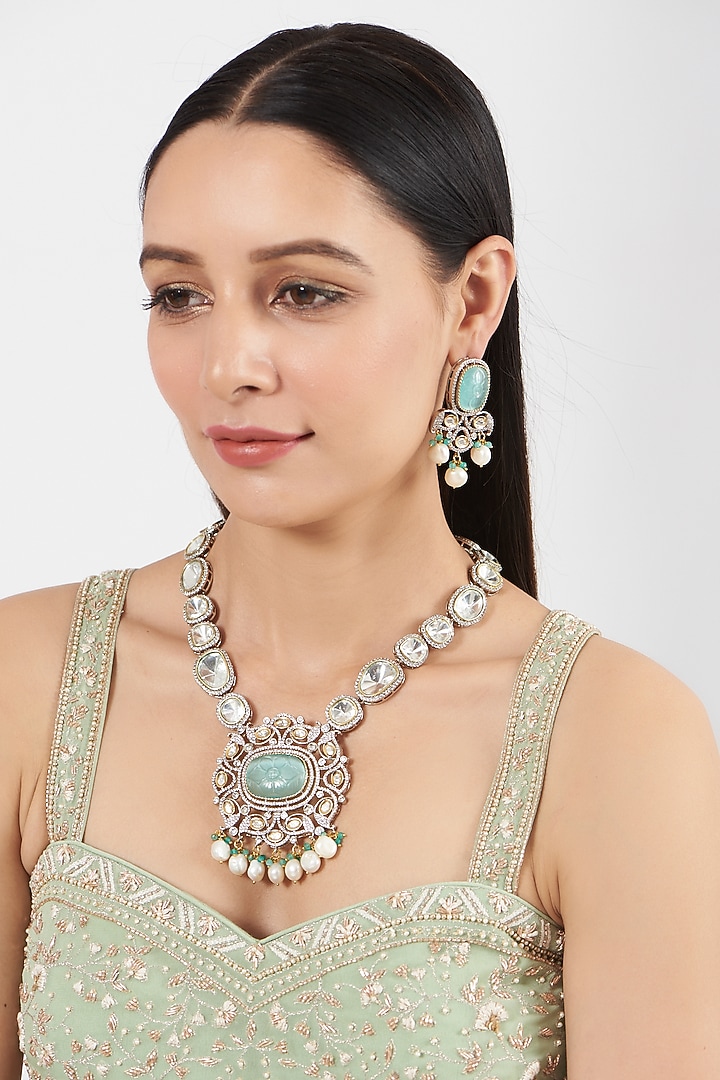 Two Tone Finish Turquoise Synthetic Stone & Pearl Long Necklace Set by VASTRAA Jewellery at Pernia's Pop Up Shop