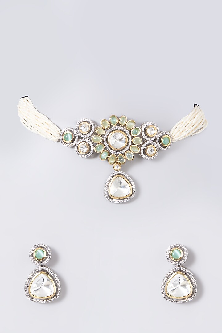 Two Tone Finish Zircon & Pearl Choker Necklace Set by VASTRAA Jewellery at Pernia's Pop Up Shop
