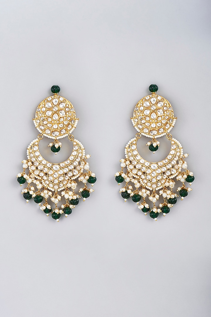 Gold Finish Kundan Polki & Pearl Chandbali Earrings by VASTRAA Jewellery at Pernia's Pop Up Shop