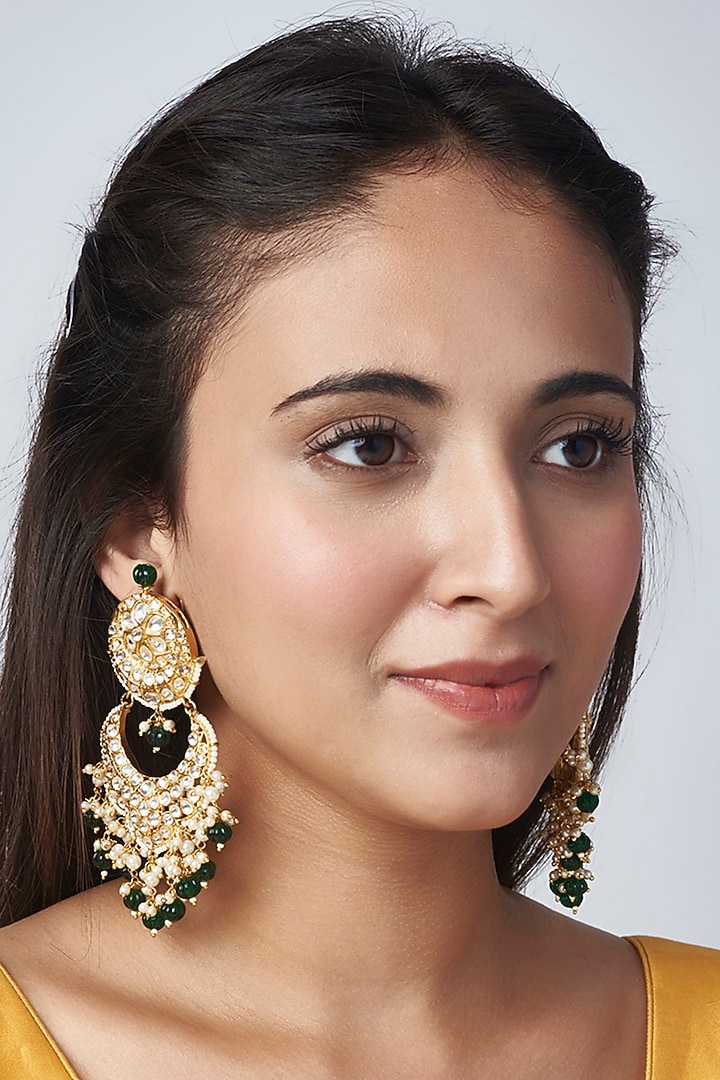 Gold Finish Kundan Polki & Pearl Chandbali Earrings by VASTRAA Jewellery at Pernia's Pop Up Shop