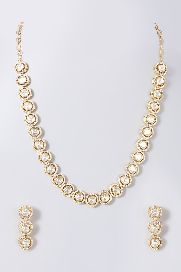 Gold Finish Kundan Polki & Zircon Necklace Set by VASTRAA Jewellery at Pernia's Pop Up Shop