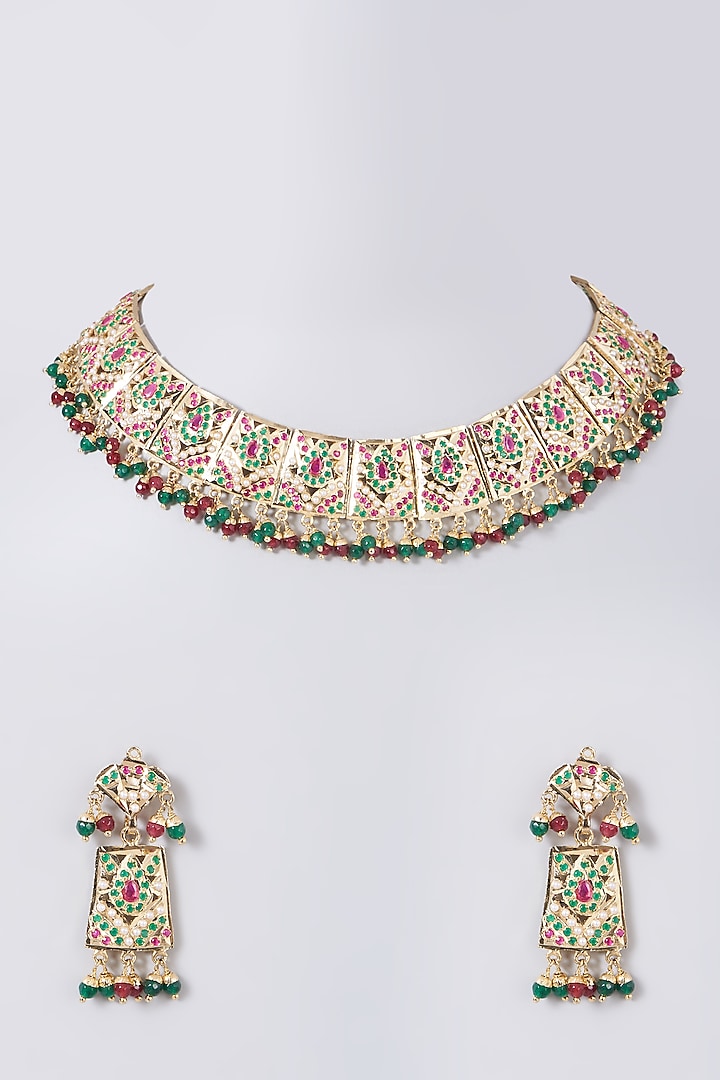 Gold Finish Jadau Choker Necklace Set by VASTRAA Jewellery